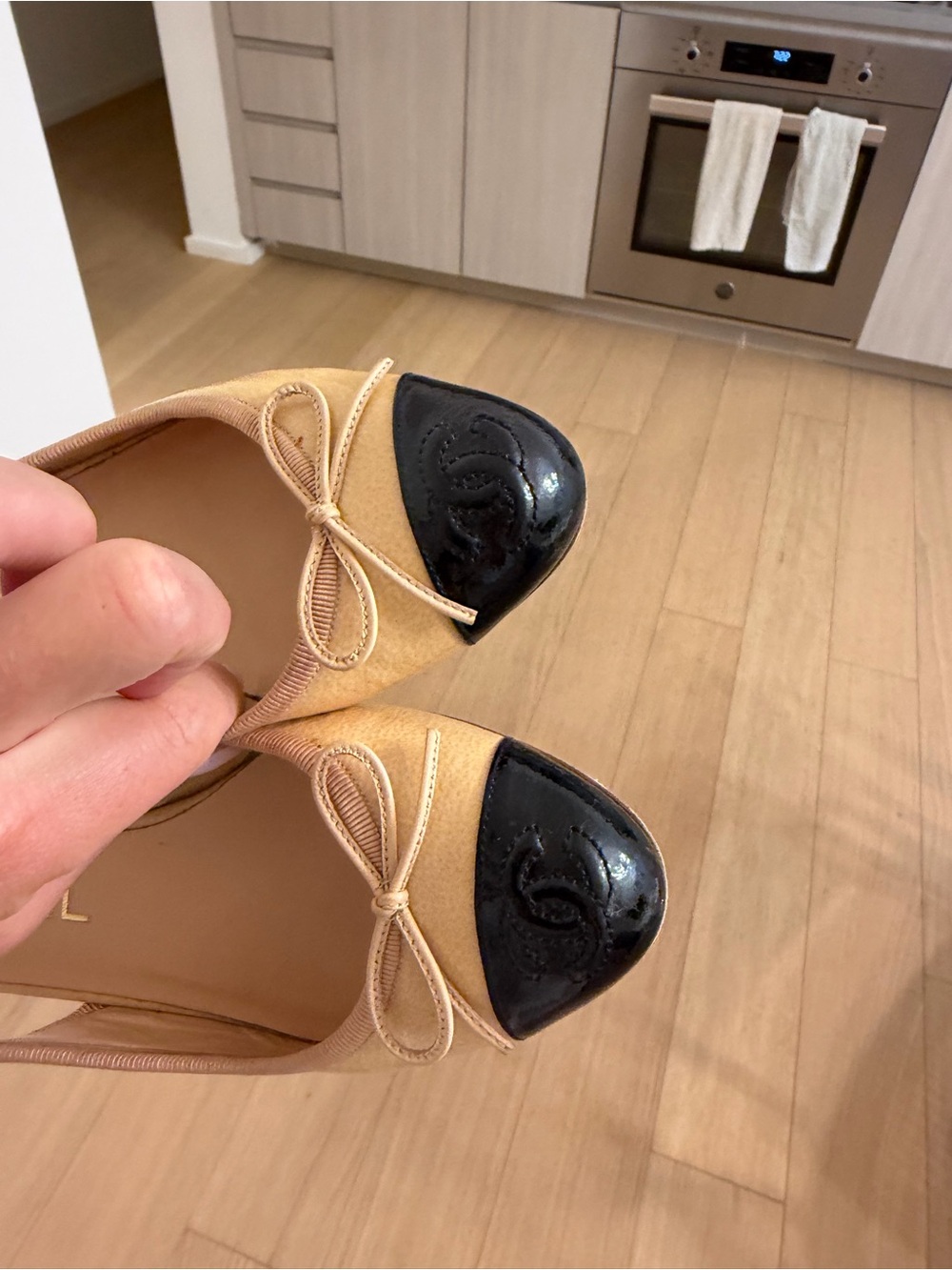 Chanel Two-Tone Beige and Black Logo Little Heel